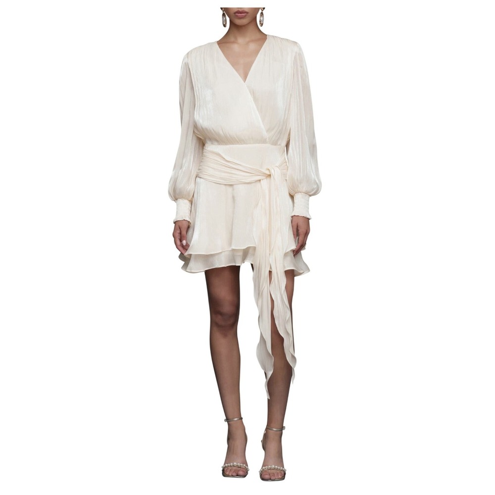 Avec Les Filles Long Sleeve Faux Wrap Minidress Ivory Champagne Ethereal Party 8